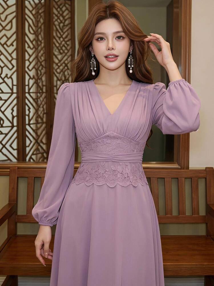 Feyla Chic Pink V Neck Long Dress For Women Featuring Puff Sleeves And Detailed Lace Waist Accent - Pink - View 1