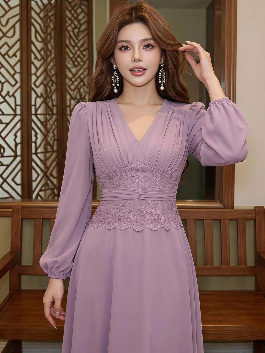 Feyla Chic Pink V Neck Long Dress For Women Featuring Puff Sleeves And Detailed Lace Waist Accent - Pink - View 1