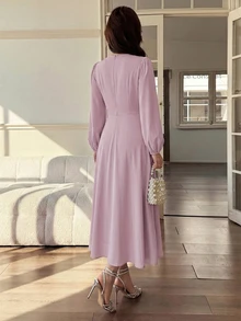 Feyla Chic Pink V Neck Long Dress For Women Featuring Puff Sleeves And Detailed Lace Waist Accent - Pink - View 2