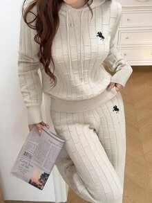 Feyla 女款騎士圖案長袖上衣與長褲休閒日常針織兩件套 - 杏色 - 查看 7