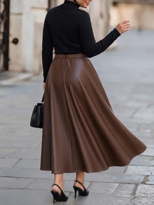 Chikora Plus Size Fashion Commuter Brunch Office A-Line PU Skirt Fall Thanksgiving Brown Elegant - Brown - View 2