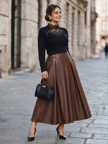 Chikora Plus Size Fashion Commuter Brunch Office A-Line PU Skirt Fall Thanksgiving Brown Elegant - Brown - View 7