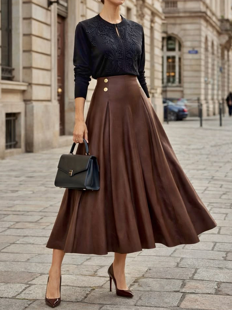 Chikora Plus Size Fashion Commuter A-Line PU Skirt Fall - Brown - View 1