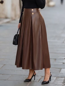 Chikora Plus Size Fashion Commuter Brunch Office A-Line PU Skirt Fall Thanksgiving Brown Elegant - Brown - View 4