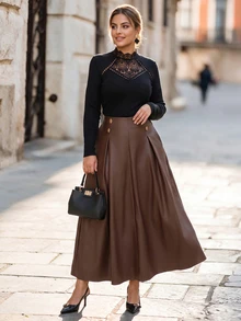 Chikora Plus Size Fashion Commuter Brunch Office A-Line PU Skirt Fall Thanksgiving Brown Elegant - Brown - View 6