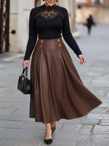 Chikora Plus Size Fashion Commuter Brunch Office A-Line PU Skirt Fall Thanksgiving Brown Elegant - Brown - View 5