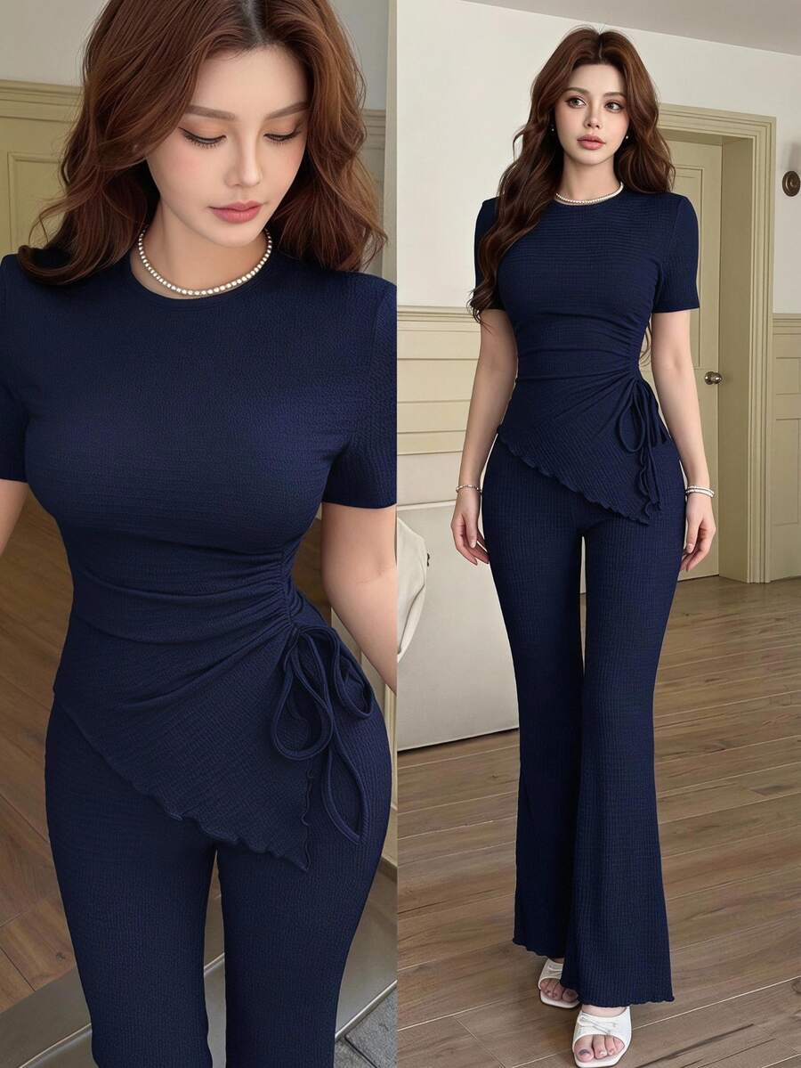 Feyla Women's Solid Color Pleated Short Sleeve Top And Flare Long Pants Casual Elegant Daily Two Pieces Set Dinner Party Brunch Navy Blue Summer - Navy Blue - View 1
