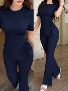 Feyla Women's Solid Color Pleated Short Sleeve Top And Flare Long Pants Casual Elegant Daily Two Pieces Set Dinner Party Brunch Navy Blue Summer - Navy Blue - View 8
