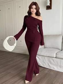 Feyla Women's Fashion Casual Oblique Shoulder Top & Pants 2 Pieces Set 2 Pieces Sets Woman Classy - Burgundy - View 2