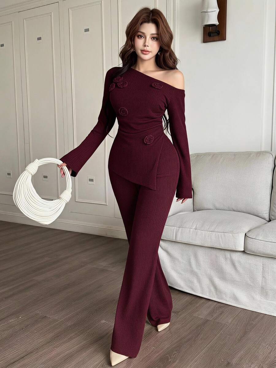 Feyla Women's Fashion Casual Oblique Shoulder Top & Pants 2 Pieces Set 2 Pieces Sets Woman Classy