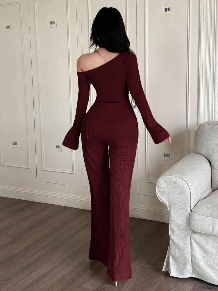 Feyla Women's Fashion Casual Oblique Shoulder Top & Pants 2 Pieces Set 2 Pieces Sets Woman Classy - Burgundy - View 2