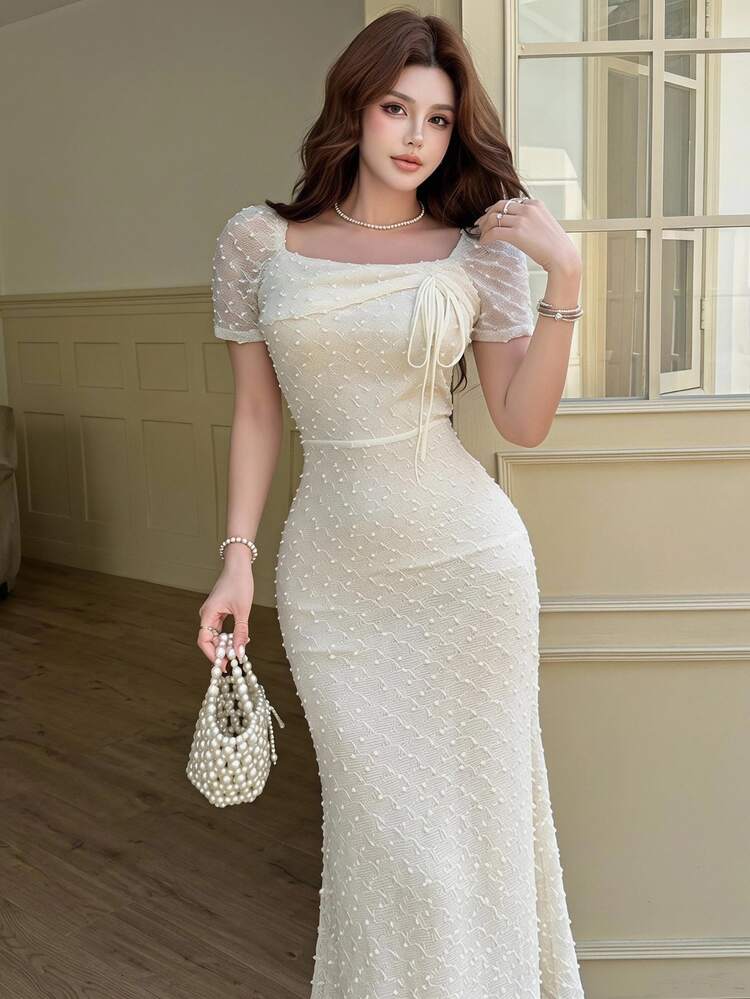 Feyla Women's Solid Color Pleated Elegant Waist Midi Dress, Suitable For Dates And Parties - Apricot - View 1