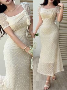 Feyla Women's Solid Color Pleated Elegant Waist Midi Dress, Suitable For Dates And Parties - Apricot - View 9