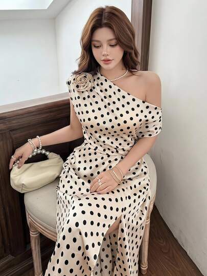 Feyla Vestido midi asimétrico de hombro con decoración floral 3D y lunares para mujer, de moda para citas