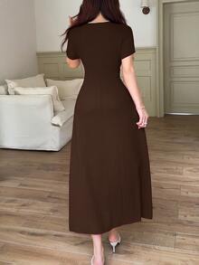 Feyla Women's Button Half-Placket Short Sleeve Elegant Lace Midi Dress Everyday Brown Summer - Coffee Brown - View 2