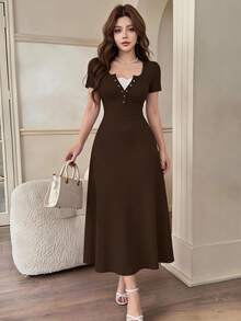 Feyla Women's Button Half-Placket Short Sleeve Elegant Lace Midi Dress Everyday Brown Summer - Coffee Brown - View 1