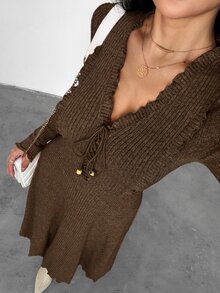 Feyla 女士纯色前系带V领长袖中长连衣裙 - 咖啡棕 - 查看 5