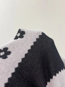 Feyla Women's Jacquard Colorblock Short Sleeve Waist-Cinching Knit Dress - Black and White - View 8