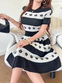 Feyla Women's Jacquard Colorblock Short Sleeve Waist-Cinching Knit Dress - Black and White - View 5