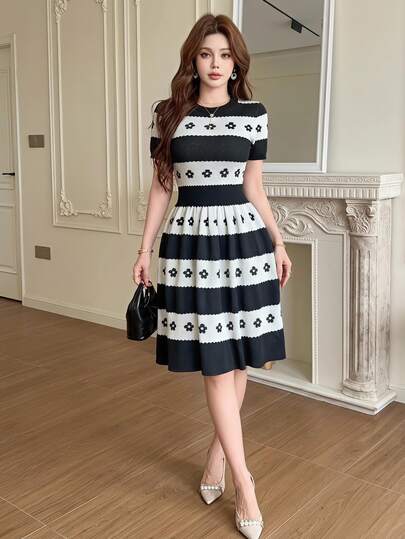 Feyla Women's Jacquard Colorblock Short Sleeve Waist-Cinching Knit Dress
