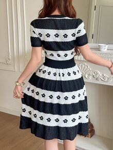 Feyla Women's Jacquard Colorblock Short Sleeve Waist-Cinching Knit Dress - Black and White - View 3