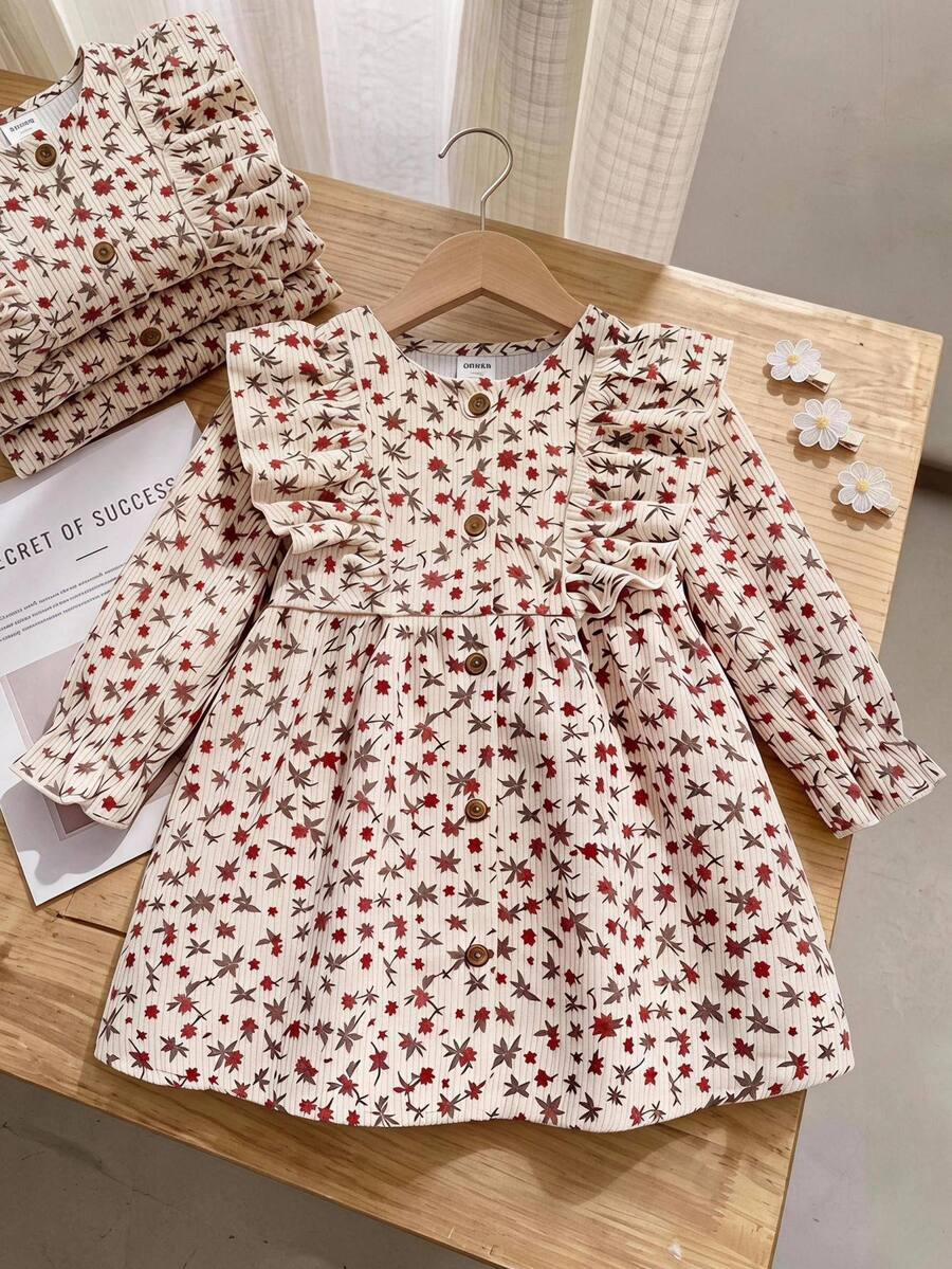 SHEIN Baby Girl Cord Ditsy Floral Ruffle Trim Flounce Sleeve Dress - Multicolor - View 1