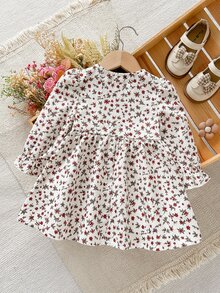 SHEIN 女嬰燈芯絨碎花荷葉邊荷葉袖洋裝 - 彩色 - 查看 4