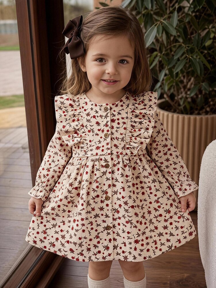 SHEIN Baby Girl Cord Ditsy Floral Ruffle Trim Flounce Sleeve Dress - Multicolor - View 2