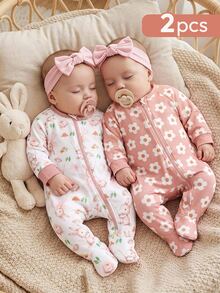 SHEIN Newborn Baby Boy Baby Girl Floral Pattern Knitted Soft Round Neck Long Sleeve And Autumn Pants 2pcs Pieces Set Suitable For Winter Soft Thick Fabric - Baby Pink - View 3