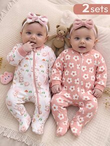 SHEIN Newborn Baby Boy Baby Girl Floral Pattern Knitted Soft Round Neck Long Sleeve And Autumn Pants 2pcs Pieces Set Suitable For Winter Soft Thick Fabric - Baby Pink - View 4