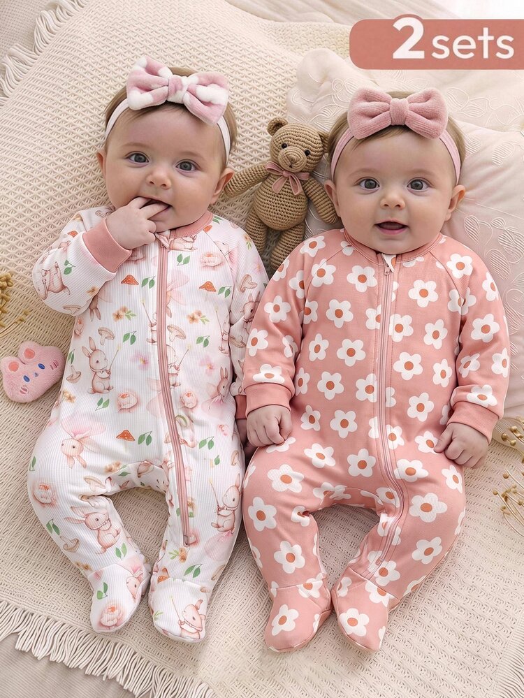 SHEIN Newborn Baby Boy Baby Girl Floral Pattern Knitted Soft Round Neck Long Sleeve And Autumn Pants 2pcs Pieces Set Suitable For Winter Soft Thick Fabric - Baby Pink - View 3
