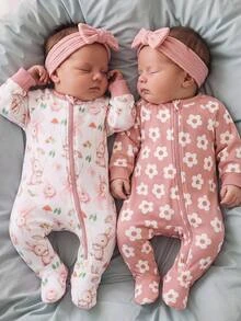 SHEIN Newborn Baby Boy Baby Girl Floral Pattern Knitted Soft Round Neck Long Sleeve And Autumn Pants 2pcs Pieces Set Suitable For Winter Soft Thick Fabric - Baby Pink - View 1