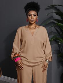Veslaya Plus Size/Western Wear Women Casual Solid Color Notched Neck Long Sleeve Top And Pants 2 Pieces Set - Coffee Brown - View 4