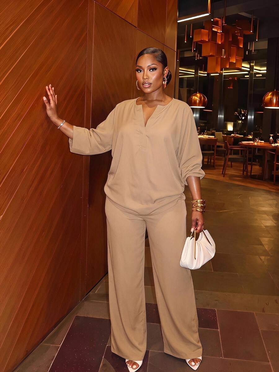 Veslaya Plus Size/Western Wear Women Casual Solid Color Notched Neck Long Sleeve Top And Pants 2 Pieces Set - Coffee Brown - View 1