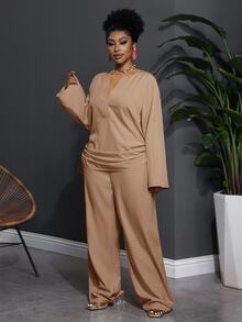 Veslaya Plus Size/Western Wear Women Casual Solid Color Notched Neck Long Sleeve Top And Pants 2 Pieces Set - Coffee Brown - View 5