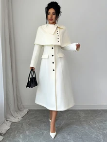 Elenzga 1pc Solid Button Front Overcoat - Beige - View 4