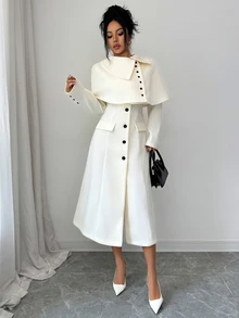 Elenzga 1pc Solid Button Front Overcoat - Beige - View 3