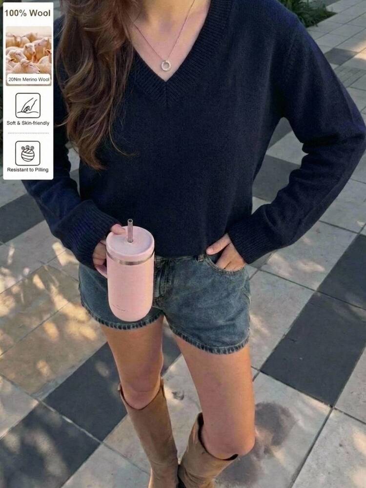 SHEIN Tween Girls Striped Colorblock Cable Knit V-Neck Lantern Sleeve Oversized Pullover Sweater, Suitable For Autumn/Winter And Outdoor Wear - Navy Blue - View 1