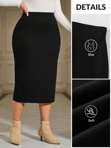 EMERY ROSE Plus Size Women Casual Smart Black Minimalist Long Skirt New Year Elegant Skirt Cozy Fall,Spring Office Formal Summer - Black - View 9