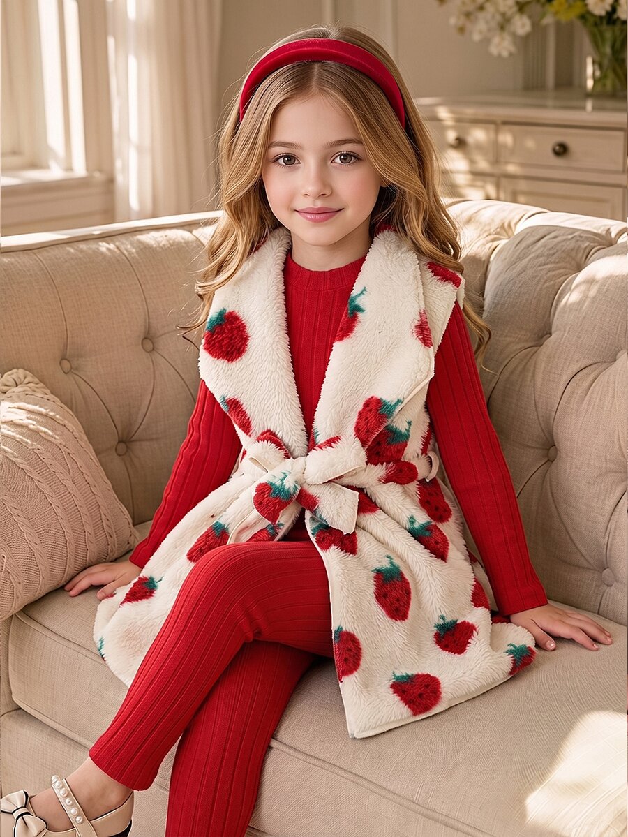 SHEIN Elladie kids 2件組青少年女孩外套套裝，紅白色，夾克長褲兩件式套裝，秋冬休閒可愛，秋季，家庭配色米色