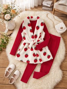 SHEIN Elladie kids 2件組青少年女孩外套套裝，紅白色，夾克長褲兩件式套裝，秋冬休閒可愛，秋季，家庭配色米色 - 紅色 - 查看 7