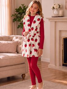 SHEIN Elladie kids 2件組青少年女孩外套套裝，紅白色，夾克長褲兩件式套裝，秋冬休閒可愛，秋季，家庭配色米色 - 紅色 - 查看 6