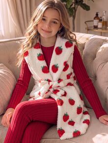 SHEIN Elladie kids 2件組青少年女孩外套套裝，紅白色，夾克長褲兩件式套裝，秋冬休閒可愛，秋季，家庭配色米色 - 紅色 - 查看 4