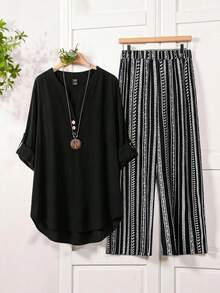 Rusticease 2pcs/Set Plus Size Solid V-Neck Short Sleeve Top And Allover Print Pants Leisure Vacation Outfit, For Summer,Holiday Outfits Boho - Black - View 3
