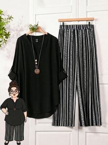 Rusticease 2pcs/Set Plus Size Solid V-Neck Short Sleeve Top And Allover Print Pants Leisure Vacation Outfit, For Summer,Holiday Outfits Boho - Black - View 8