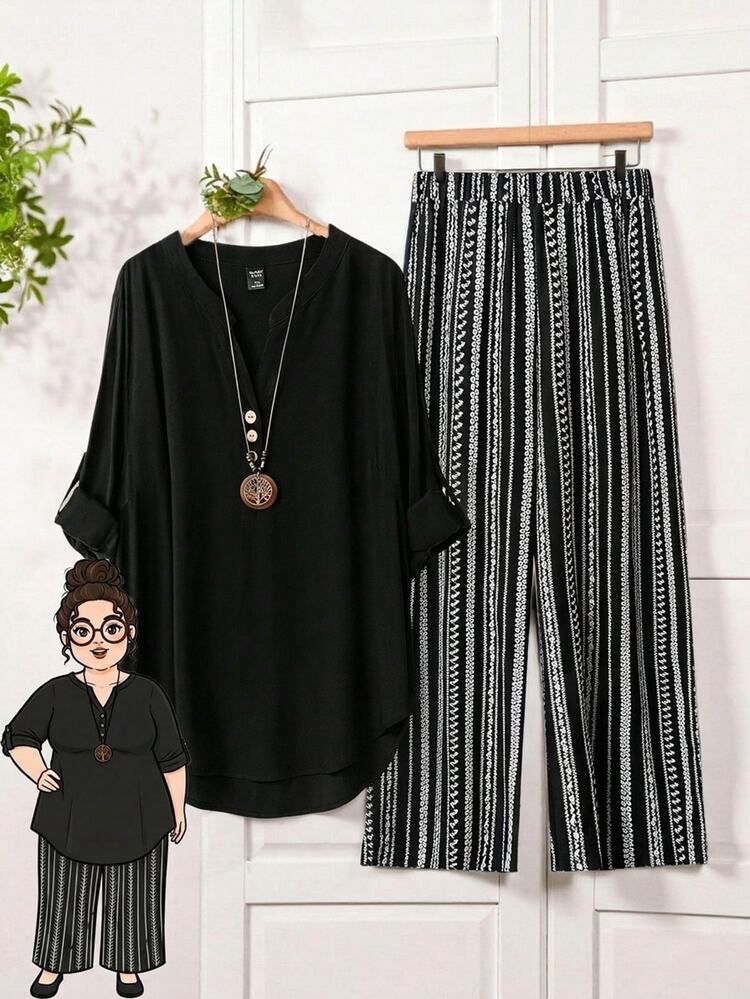 Rusticease 2pcs/Set Plus Size Solid V-Neck Short Sleeve Top And Allover Print Pants Leisure Vacation Outfit, For Summer,Holiday Outfits Boho - Black - View 8