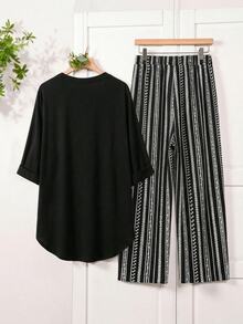 Rusticease 2pcs/Set Plus Size Solid V-Neck Short Sleeve Top And Allover Print Pants Leisure Vacation Outfit, For Summer,Holiday Outfits Boho - Black - View 2