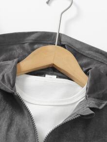SHEIN 青少年女孩冬季抓絨長袖深灰色仿麂皮拉鍊連帽機能夾克，休閒街頭風，可愛素色，適合學校、大學、職業體驗日 - 綠色 - 查看 6