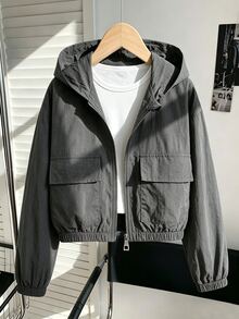 SHEIN 青少年女孩冬季抓絨長袖深灰色仿麂皮拉鍊連帽機能夾克，休閒街頭風，可愛素色，適合學校、大學、職業體驗日 - 綠色 - 查看 2