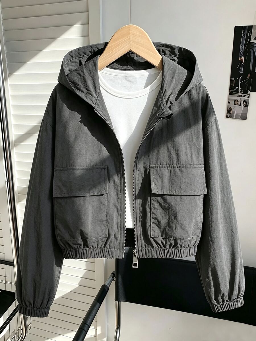 SHEIN 青少年女孩冬季抓絨長袖深灰色仿麂皮拉鍊連帽機能夾克，休閒街頭風，可愛素色，適合學校、大學、職業體驗日